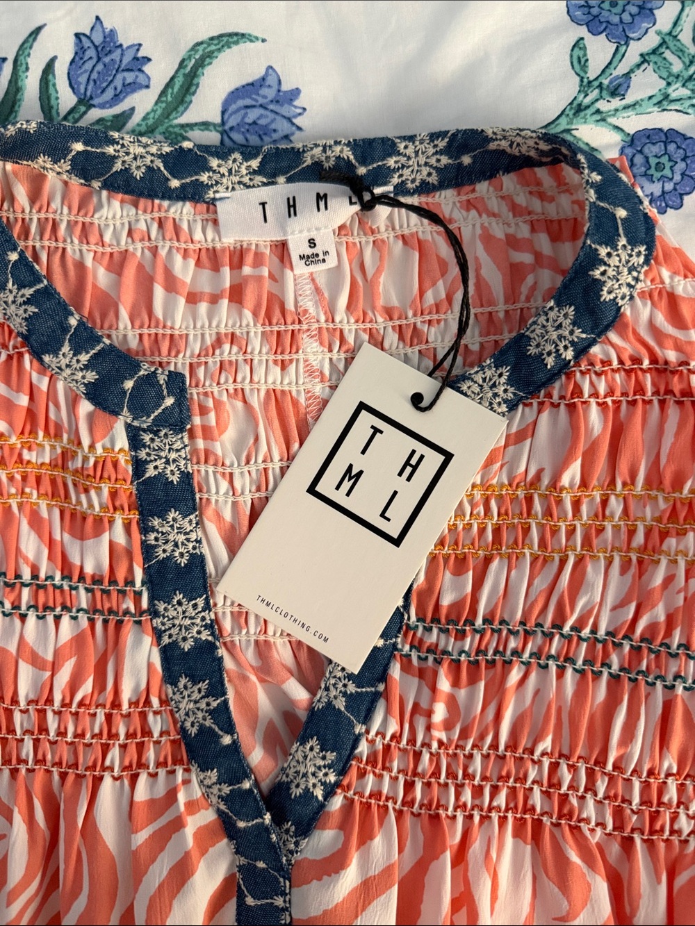 THML Coral, White & Blue Smocked Tunic Top